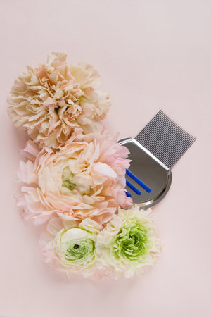 Lice comb and beautiful flowers on a pink background, copy space