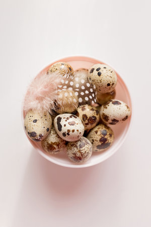 Bowl with quail eggs and feather on a pink background, copy space.の写真素材