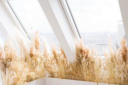 Dry grass on a windowsill, bohemian decoration at homeの写真素材