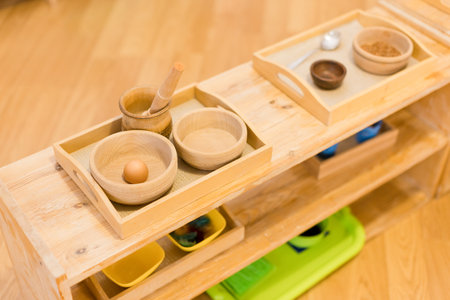 Wooden Montessori materials for sensory and practical life activitiesの写真素材