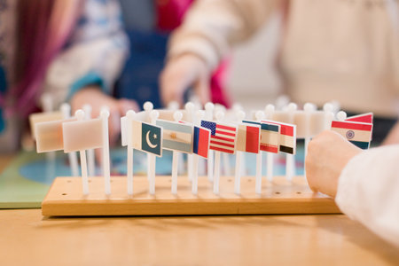 Children learning about world flags through an interactive activityの写真素材
