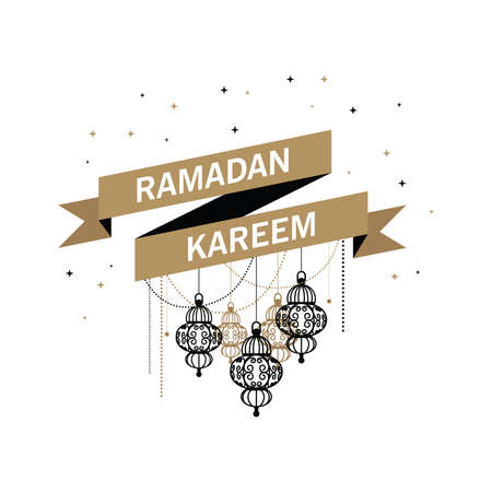 Simple and minimalist Ramadan Kareem banner for Muslim holy month with lantern and starsのイラスト素材