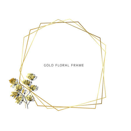 Simple vector frame with floral decoration. Geometrical gold frame design template . Modern design for wedding invitation, greeting card, anniversary, logo element,etc.のイラスト素材