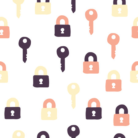 Simple padlock and key repeat pattern. Organic shape with retro color scheme. Great for textile, wallpaper, fabric, packages, wrapping, decoration, etc.のイラスト素材