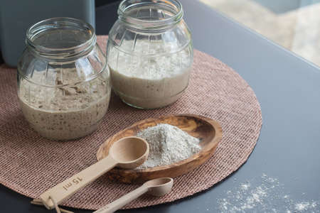 natural organic sourdough starters: freshly fermented bubbly rye and wheat starters in glass jars...