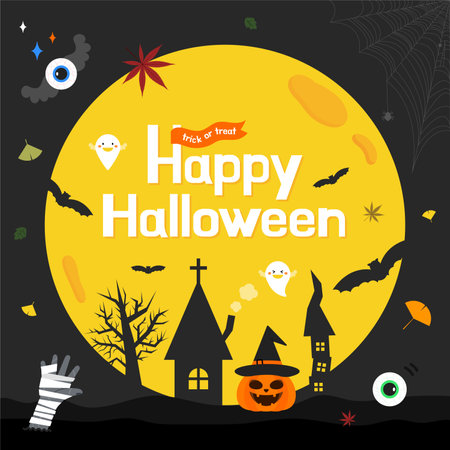 Halloween background with pumpkins, bats and ghosts. Vector illustrationのイラスト素材