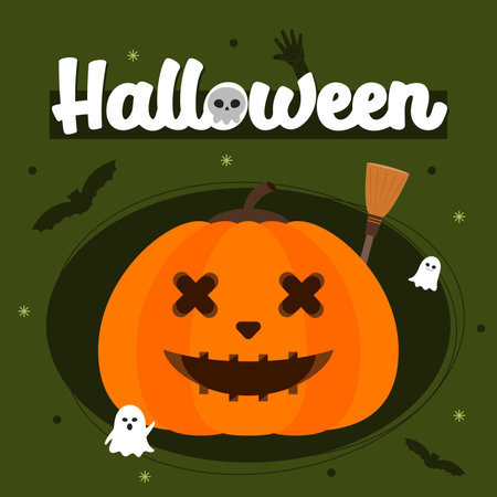 Halloween background with pumpkins, bats and ghosts. Vector illustrationのイラスト素材