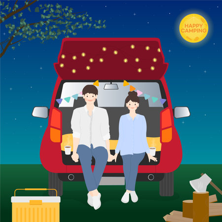 Happy couple sitting on the trunk of a car. Vector illustration.のイラスト素材