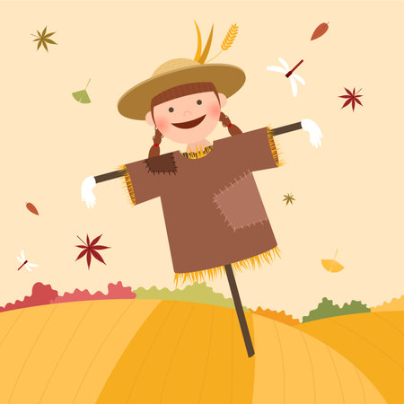Autumn scarecrow in the field. Illustration in vector formatのイラスト素材