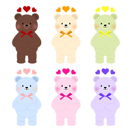 Set of cute cartoon bears with hearts and bows. Vector illustration.のイラスト素材