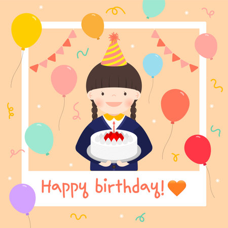 Birthday greeting card with girl holding cake. Vector illustration.のイラスト素材