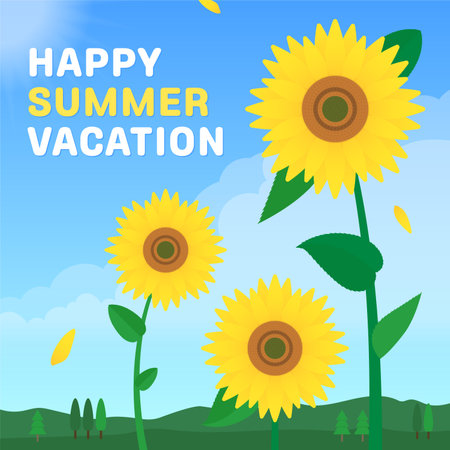 Sunflower Summer Vacation Banner. Vector Illustration of Sunflowers.のイラスト素材