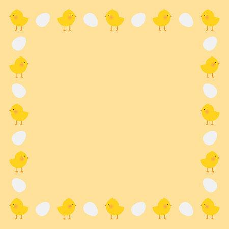 Easter frame with cute chicken and eggs on a yellow background.のイラスト素材