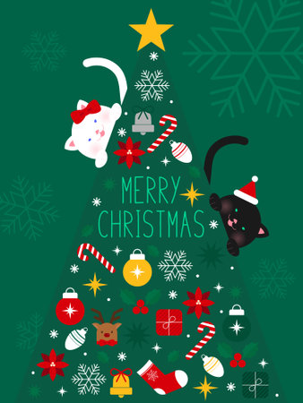 Merry Christmas greeting card with cute cat. Vector illustrationのイラスト素材