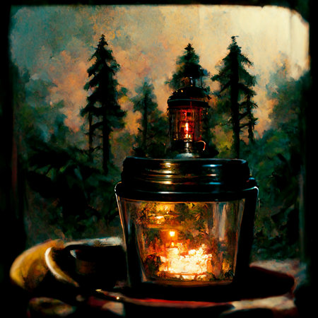 Abstract illustration of an oil lamp in the forest. High quality illustrationの写真素材