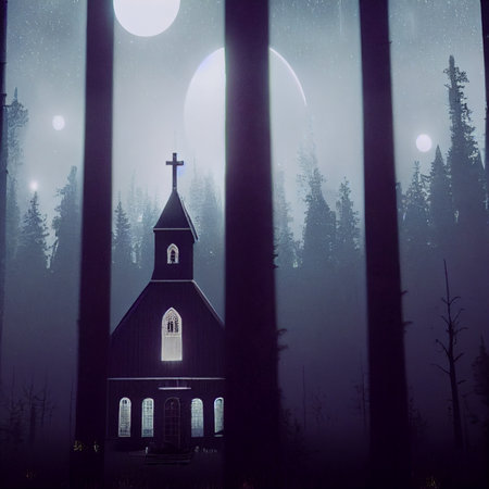 A black church in the moonlight located in a gloomy forest. High quality illustrationの写真素材
