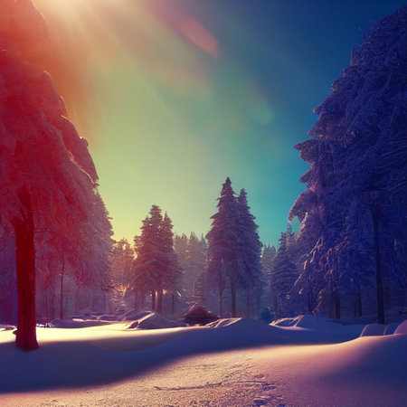Winter morning in the forest. High quality illustrationの写真素材