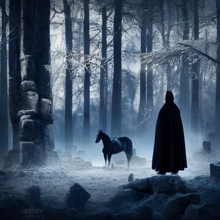 Man with horse in winter forest. High quality illustrationの写真素材