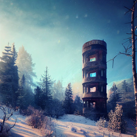 Lonely abandoned tower in the winter forest. High quality illustrationの写真素材