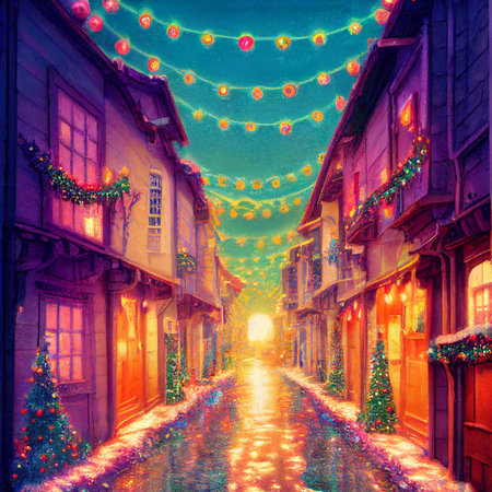 Colorful illustration of street in christmas. High quality illustrationの写真素材