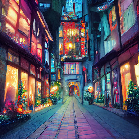 Colorful illustration of street in christmas. High quality illustrationの写真素材