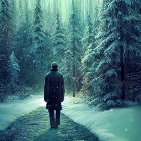 Lonely man walking in a snowy forest. High quality illustrationの写真素材