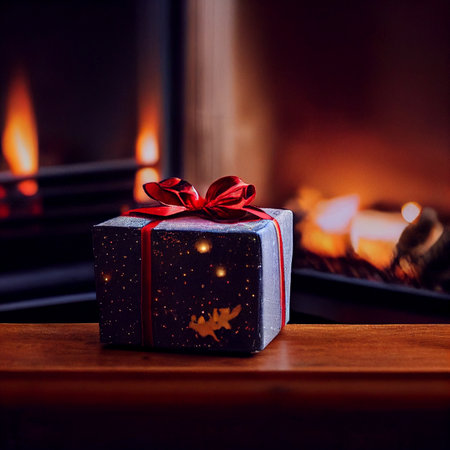Beautiful New Year and Christmas gifts on the table by the fireplace. High quality illustrationの写真素材