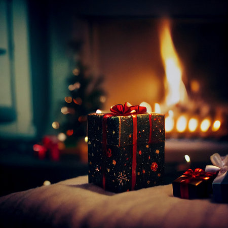 Beautiful New Year and Christmas gifts on the table by the fireplace. High quality illustrationの写真素材