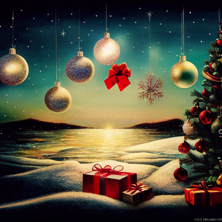 a large number of New Years gifts on a snow blanket and Christmas trees. High quality illustrationの写真素材