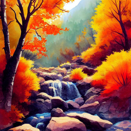 hiking in the autumn mountains, watercolor drawing. High quality illustrationの写真素材