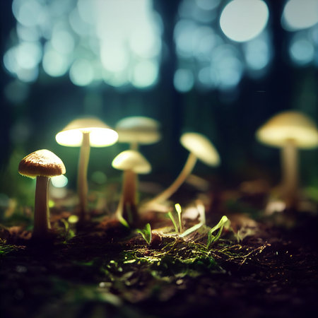 Photorealistic graphic representation of mushrooms with luminous caps. High quality illustrationの写真素材