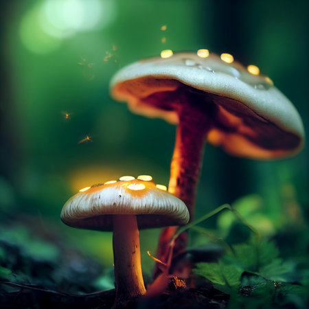 Photorealistic graphic representation of mushrooms with luminous caps. High quality illustrationの写真素材