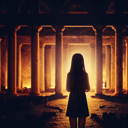 Silhouette of a girl on the background of ancient ruins. High quality illustrationの写真素材