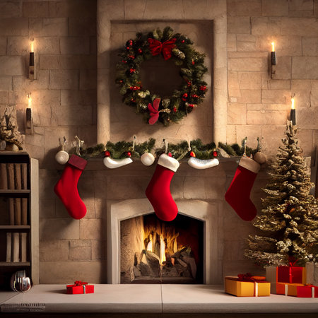 Stone fireplace decorated for Christmas. High quality illustrationの写真素材