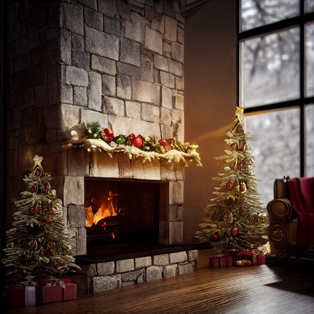 Stone fireplace decorated for Christmas. High quality illustrationの写真素材