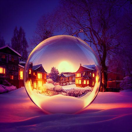 Glass ball on the snow with a beautiful scenery inside. High quality illustrationの写真素材