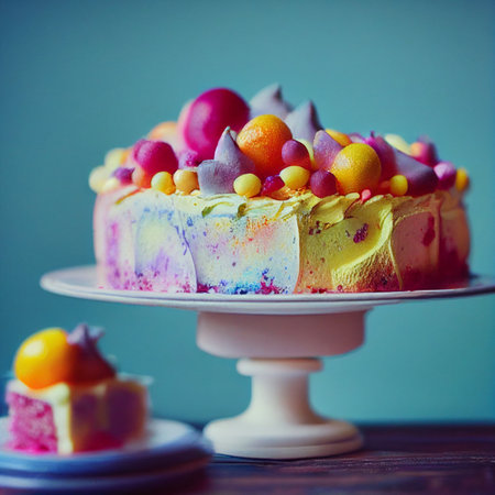 Slices of delicious cake decorate with pastry cream and berries on wood table. High quality...