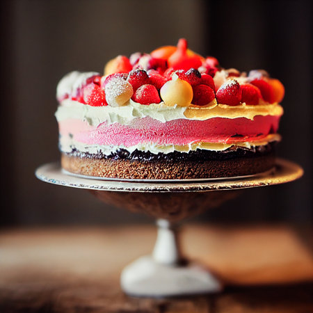 Slices of delicious cake decorate with pastry cream and berries on wood table. High quality illustrationの写真素材