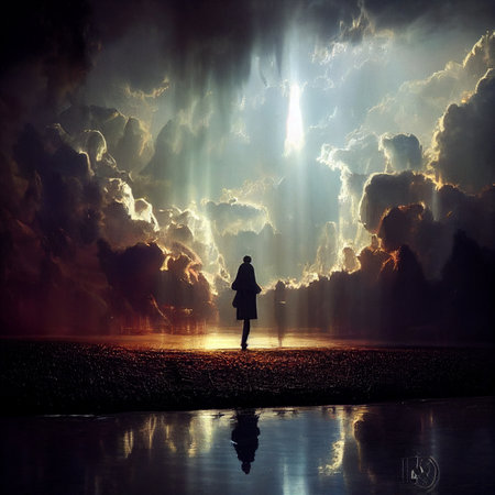 Truth is revealed to man. Holy rays from the sky to the wanderer. A symbol of hope and insight. High quality illustrationの写真素材