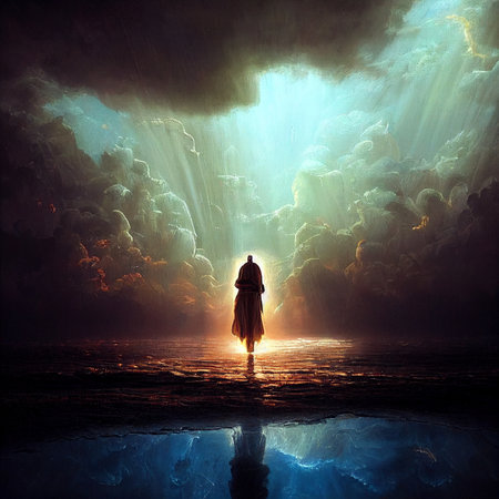 Truth is revealed to man. Holy rays from the sky to the wanderer. A symbol of hope and insight. High quality illustrationの写真素材