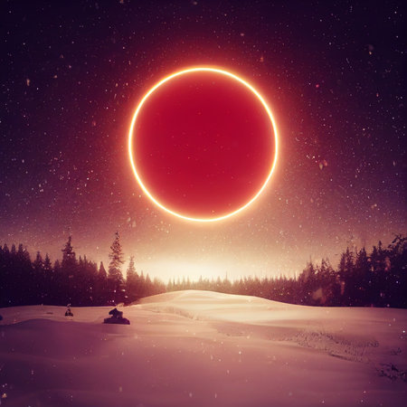 Eclipse over the snowy forest. High quality illustrationの写真素材