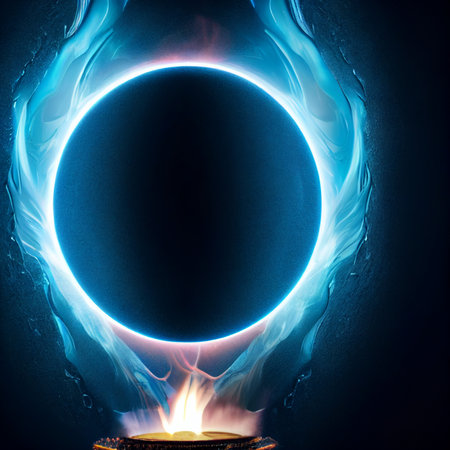Black sphere engulfed in blue flames. High quality photoの写真素材