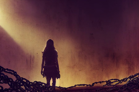 Image of a creepy girl in chains on a gloomy background. High quality illustrationの写真素材