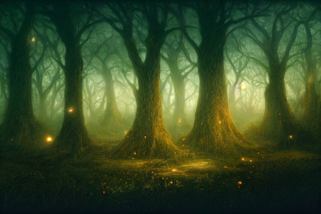 Fairy gloomy forest with fireflies. High quality illustrationの写真素材