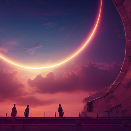 Three children stand on the balcony of a large dam and look at the stunning night sky that cuts...