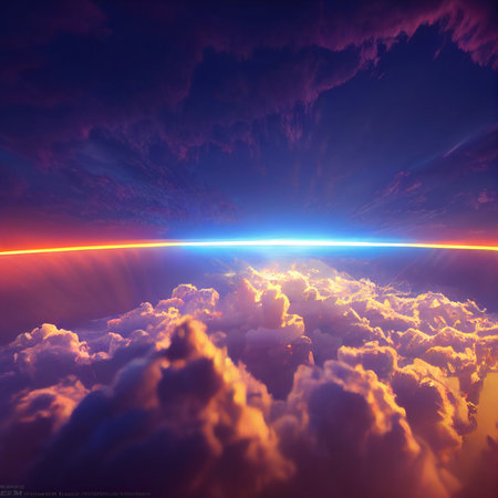 bright beams of light on the sky with clouds, a strong source of light. High quality illustration