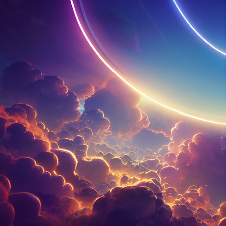 bright beams of light on the sky with clouds, a strong source of light. High quality illustrationの写真素材