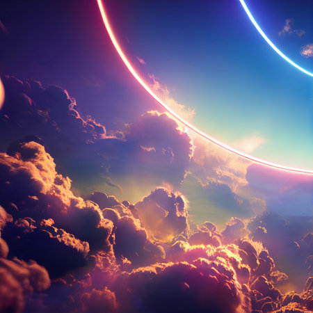 bright beams of light on the sky with clouds, a strong source of light. High quality illustration