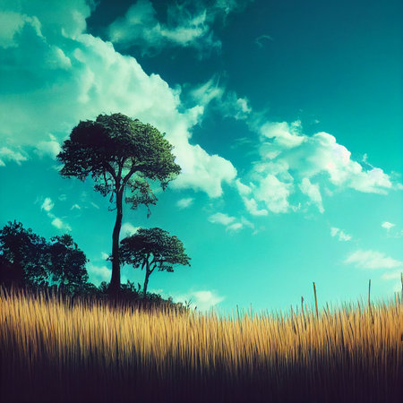 Landscape of a tall tree in a field against the sky. Image from ground level. High quality illustrationの写真素材