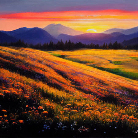 Beautiful sunset landscape of mountains and fields with flowers at sunset. High quality illustrationの写真素材